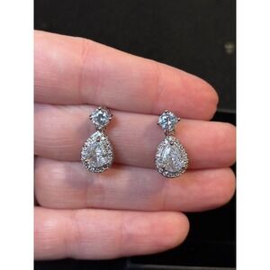 Sterling Silver Cubic Zirconia Pear Teardrop Halo Drop Earrings Bridal Wedding